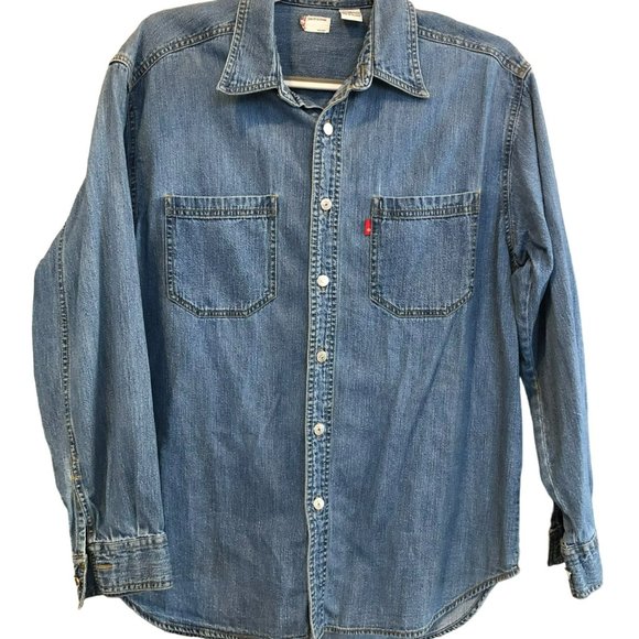 Vtg 90's Levi Strauss Red Tab Light Denim Metal Button Shirt sz M Loose Fit - Picture 2 of 7